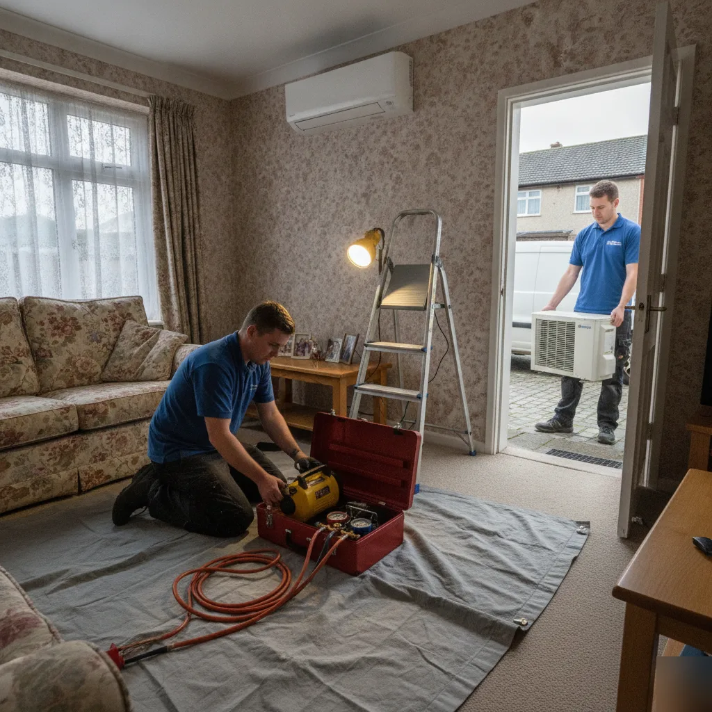 AC technician installing wall unit and loading van, air conditioning contractor Wath upon Dearne