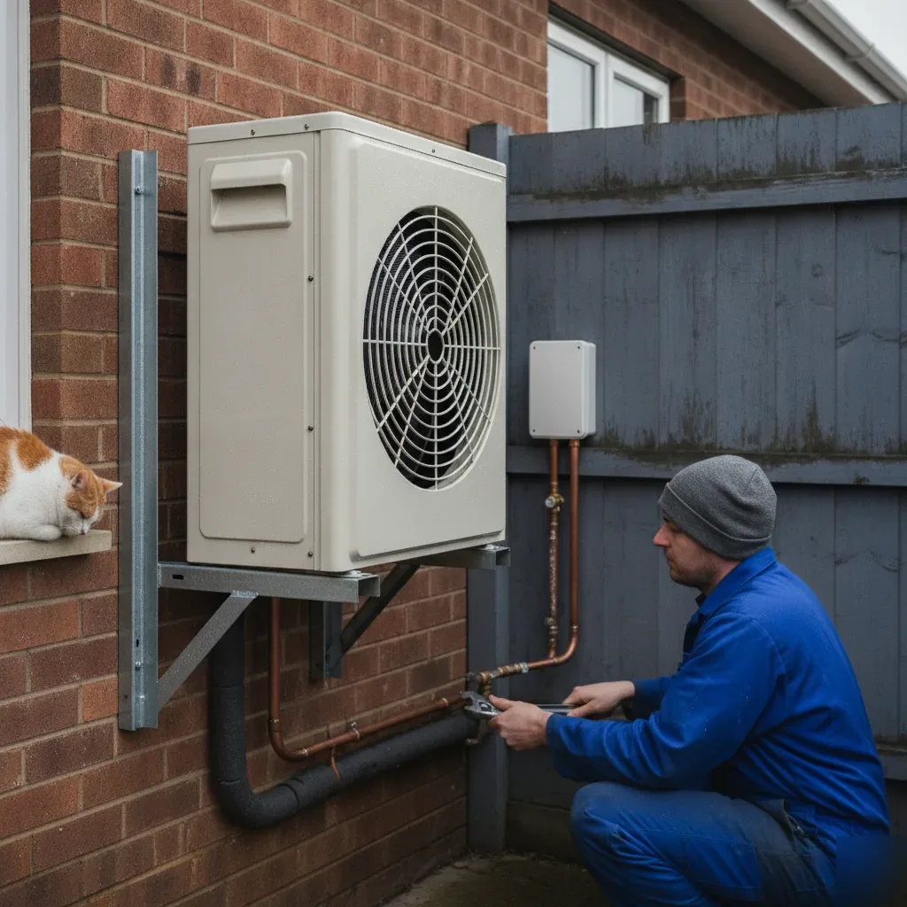 Installer fitting air source heat pump unit outside a Wath upon Dearne semi-detached house