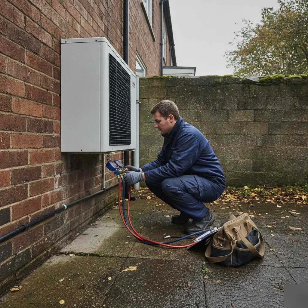 Technician servicing an air source heat pump unit outside a home in Wath upon Dearne