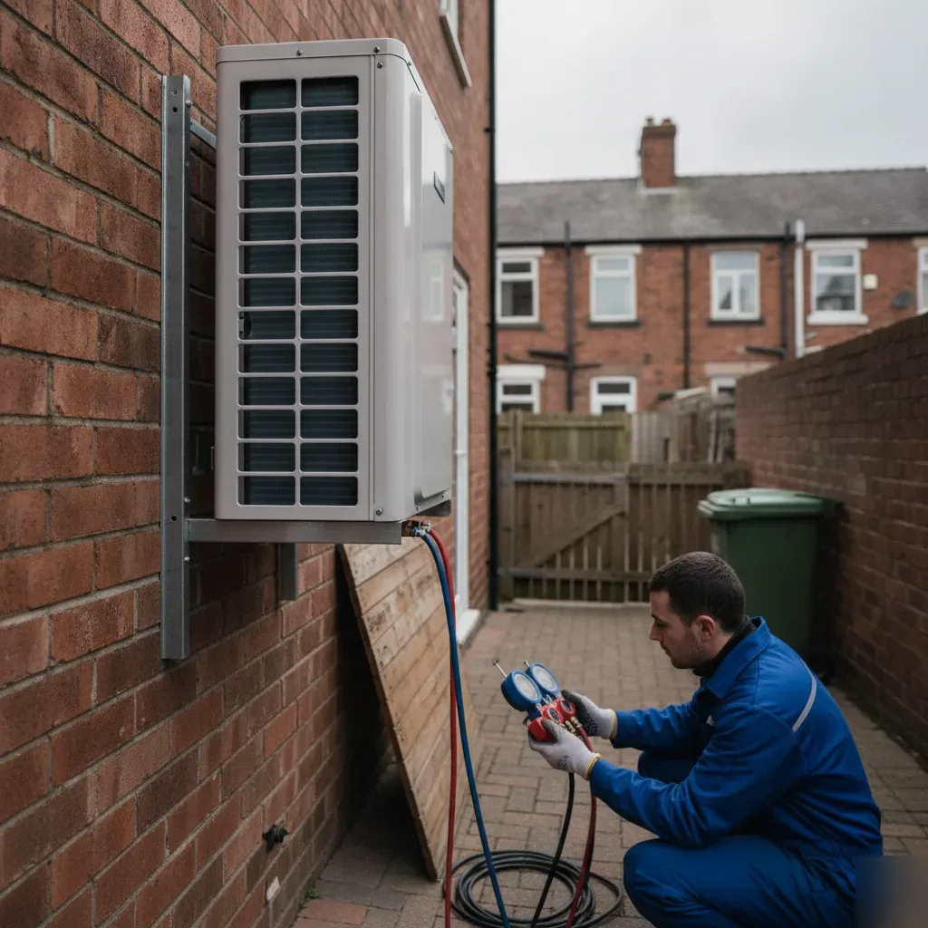 Technician checking refrigerant pressure on air source heat pump service plan in Wath upon Dearne