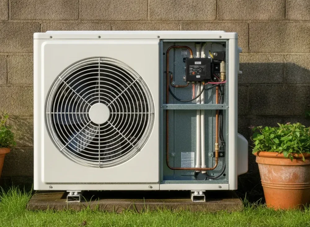 Clean serviced air source heat pump unit in a Wath upon Dearne garden after maintenance