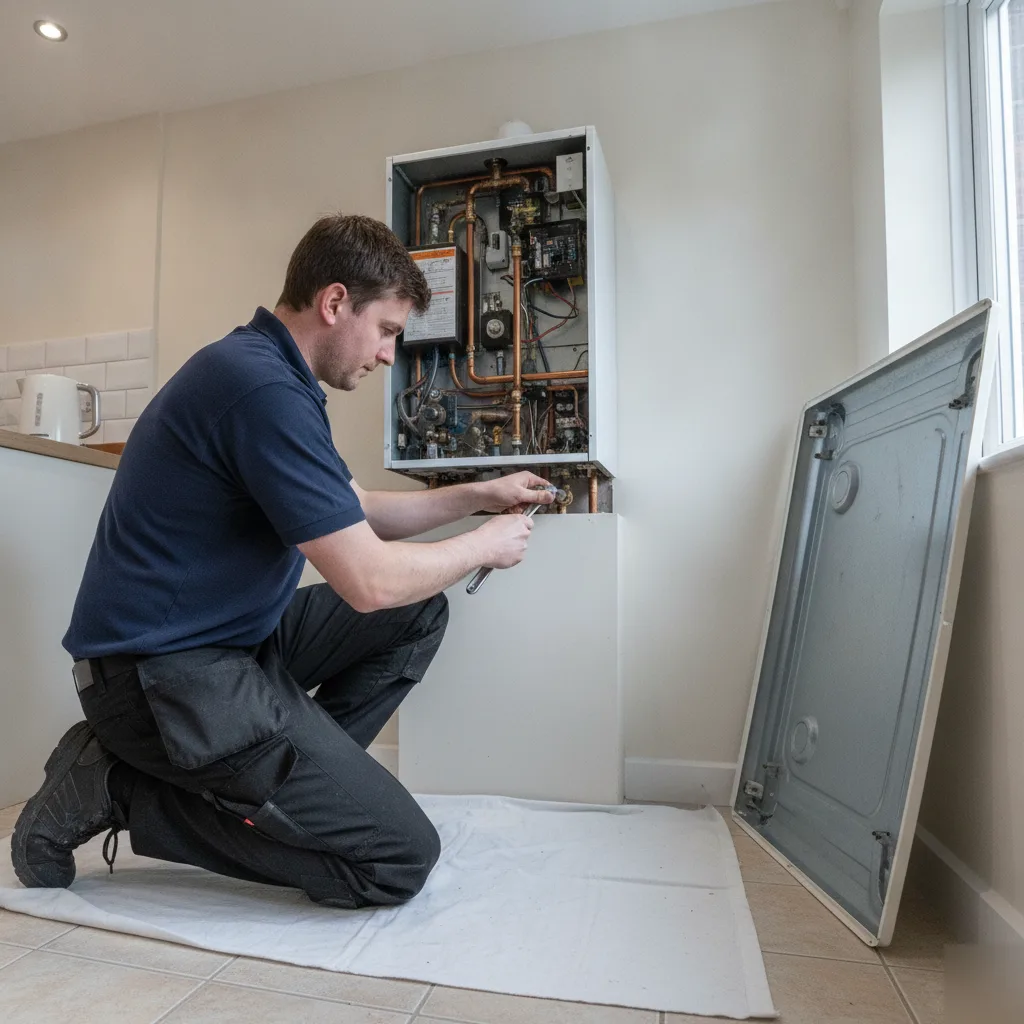 Engineer installing new boiler on kitchen wall in Wath upon Dearne home
