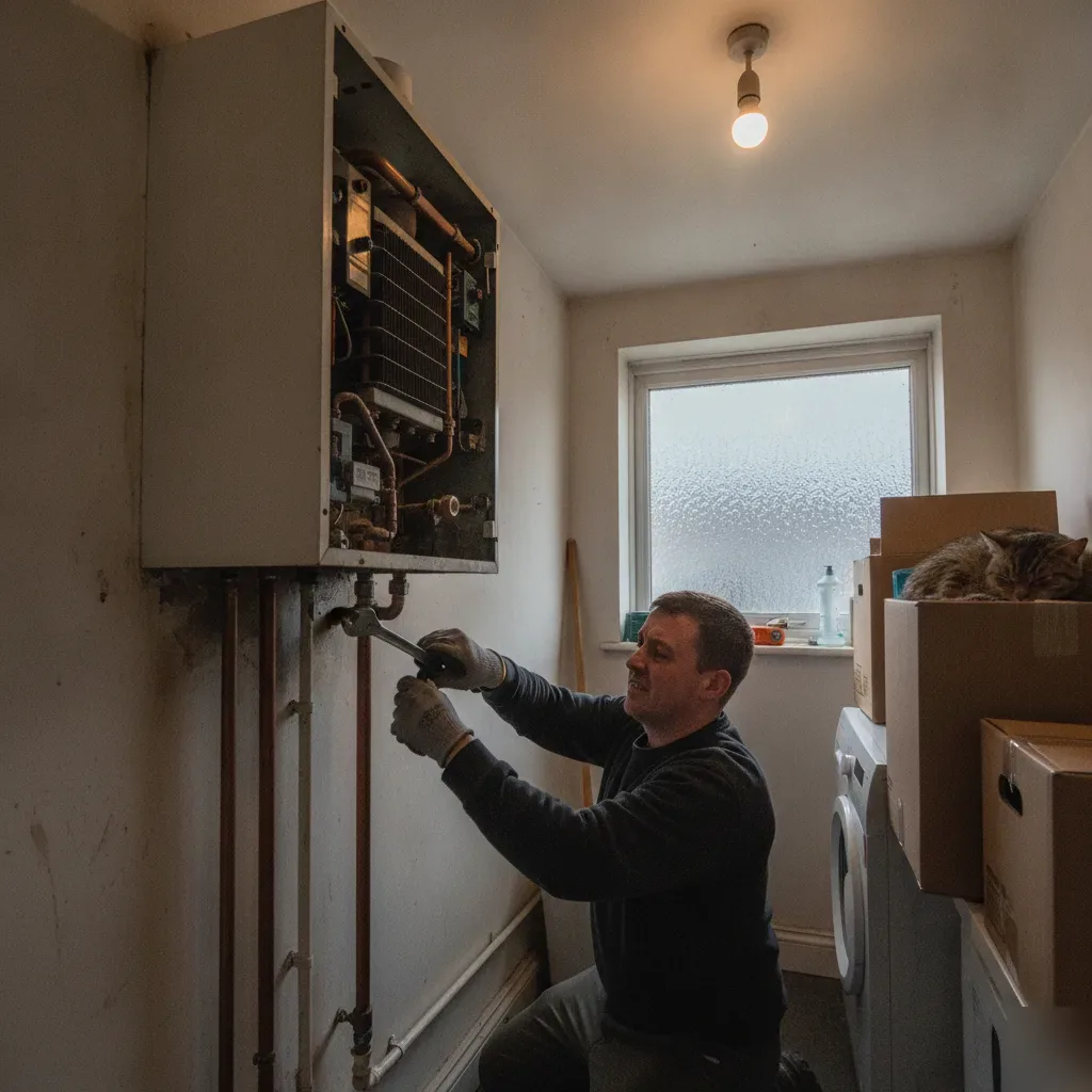 Technician replacing old gas boiler in Wath upon Dearne terraced house utility room