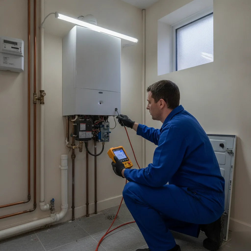 Technician servicing a wall-mounted gas boiler in Wath upon Dearne home