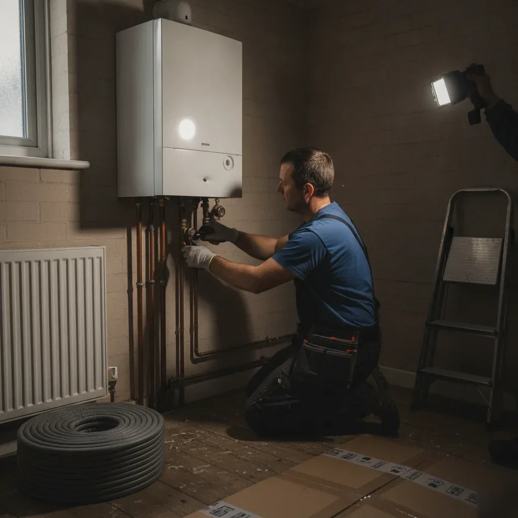Installer fitting copper pipework to a boiler during central heating installation in Wath upon Dearne