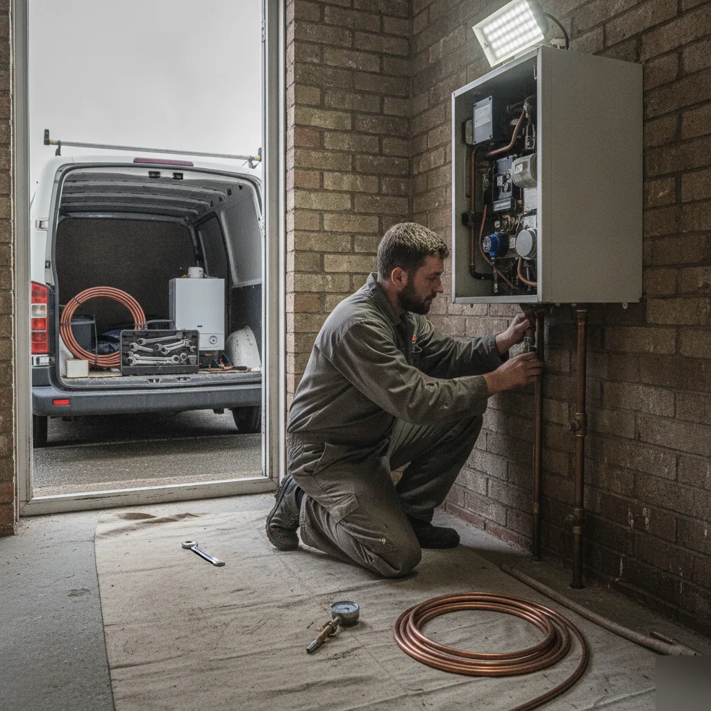 Engineer servicing central heating boiler in Wath upon Dearne terraced house