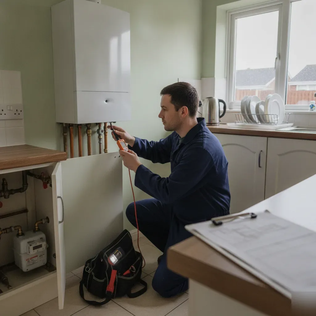 Engineer testing wall-mounted boiler during CP12 gas safety inspection in Wath upon Dearne