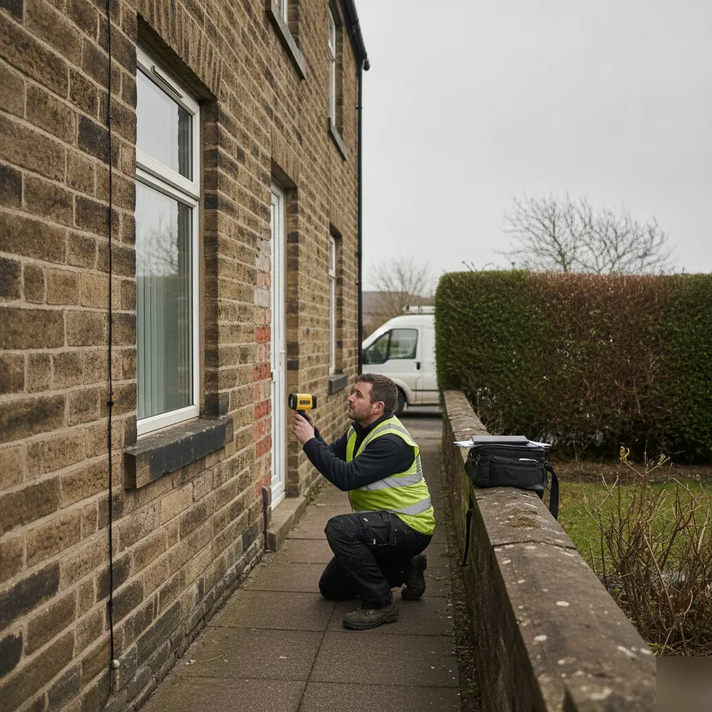 Surveyor using thermal camera on brick home for heat loss survey Wath upon Dearne