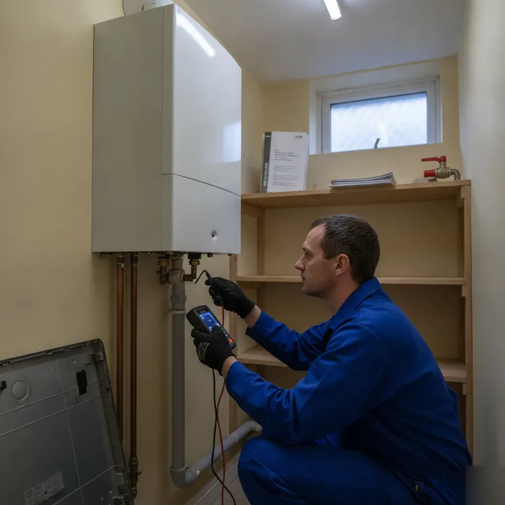 Engineer testing gas boiler combustion levels during heating maintenance in Wath upon Dearne home