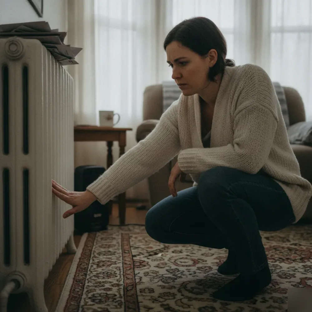 heating-system-repair-homeowner-cold-radiator-wath-upon-dearne Homeowner checking cold radiator before heating repair in Wath upon Dearne