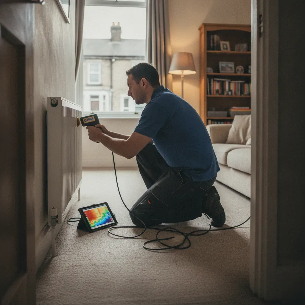 HVAC contractor scanning radiator with thermal camera during home climate control consultation in Wath upon Dearne