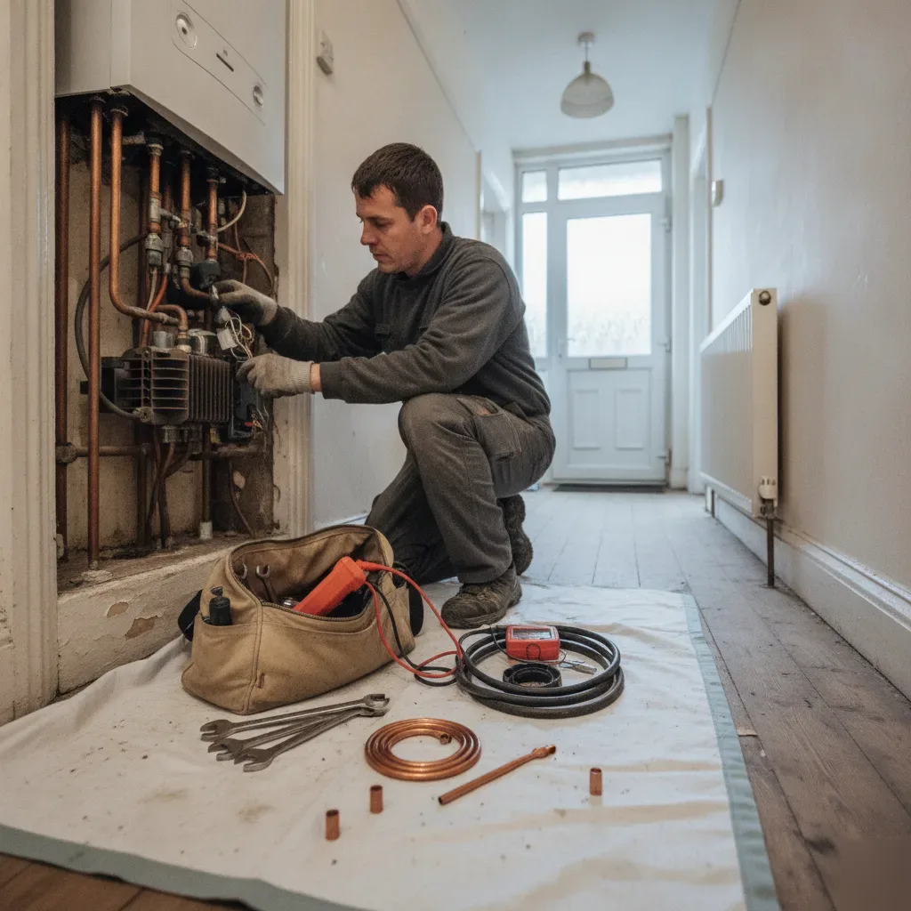 Heating engineer inspecting boiler and pipework in a Wath upon Dearne home hallway