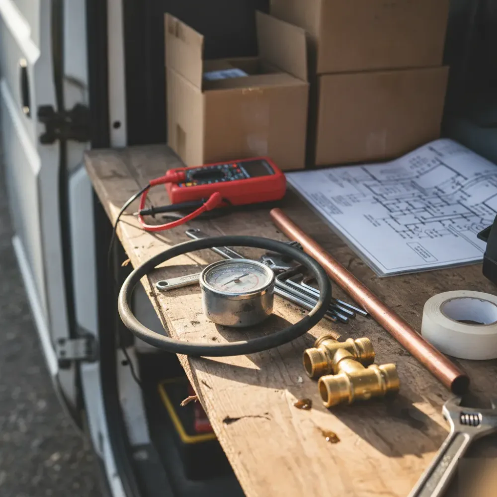 hvac-contractor-tools-equipment-detail-wath-upon-dearne Close-up of heating engineer tools including pressure gauge and pipe fittings in service van