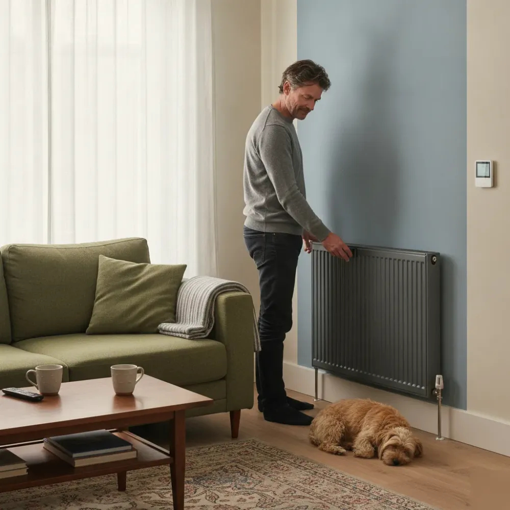 hvac-contractor-heating-system-result-home-wath-upon-dearne Homeowner adjusting new radiator and thermostat in a Wath upon Dearne living room