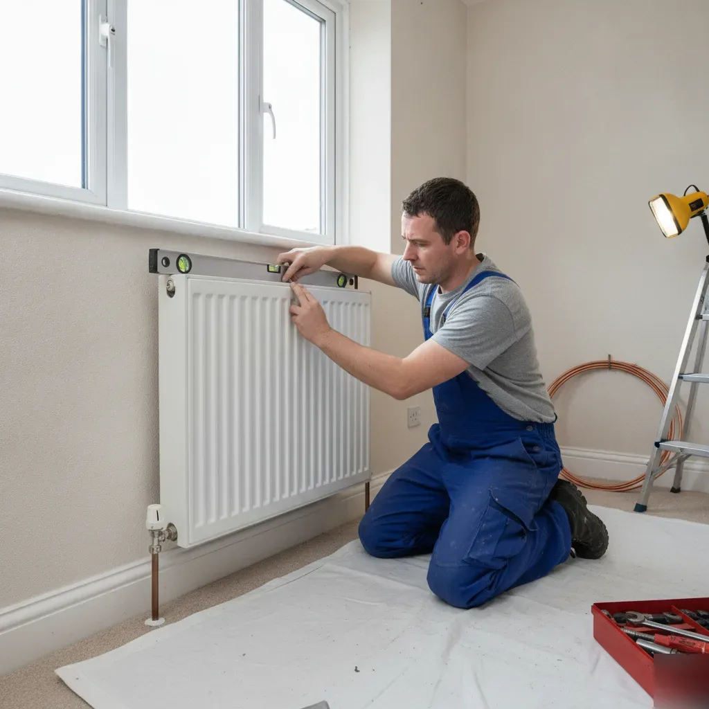 Technician installing radiator brackets during radiator installation in Wath upon Dearne home