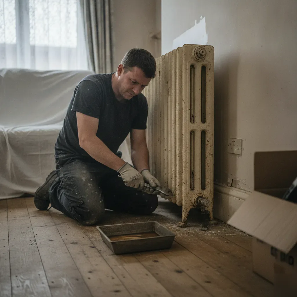 HVAC contractor removing old radiator during replacement in Wath upon Dearne terraced home