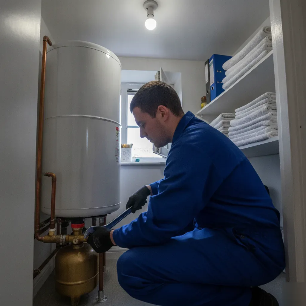 Installer fitting an unvented cylinder in a Wath upon Dearne home airing cupboard