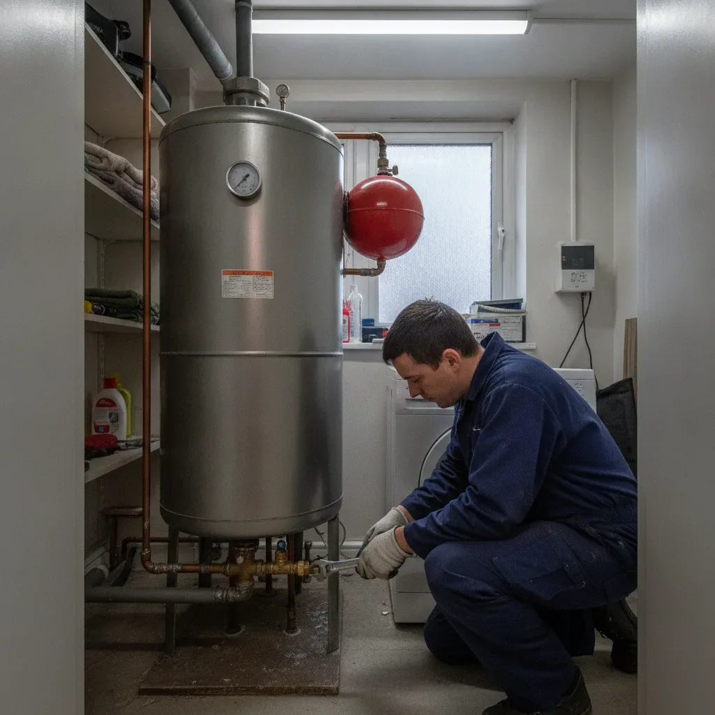 Engineer replacing unvented cylinder valve in Wath upon Dearne home airing cupboard