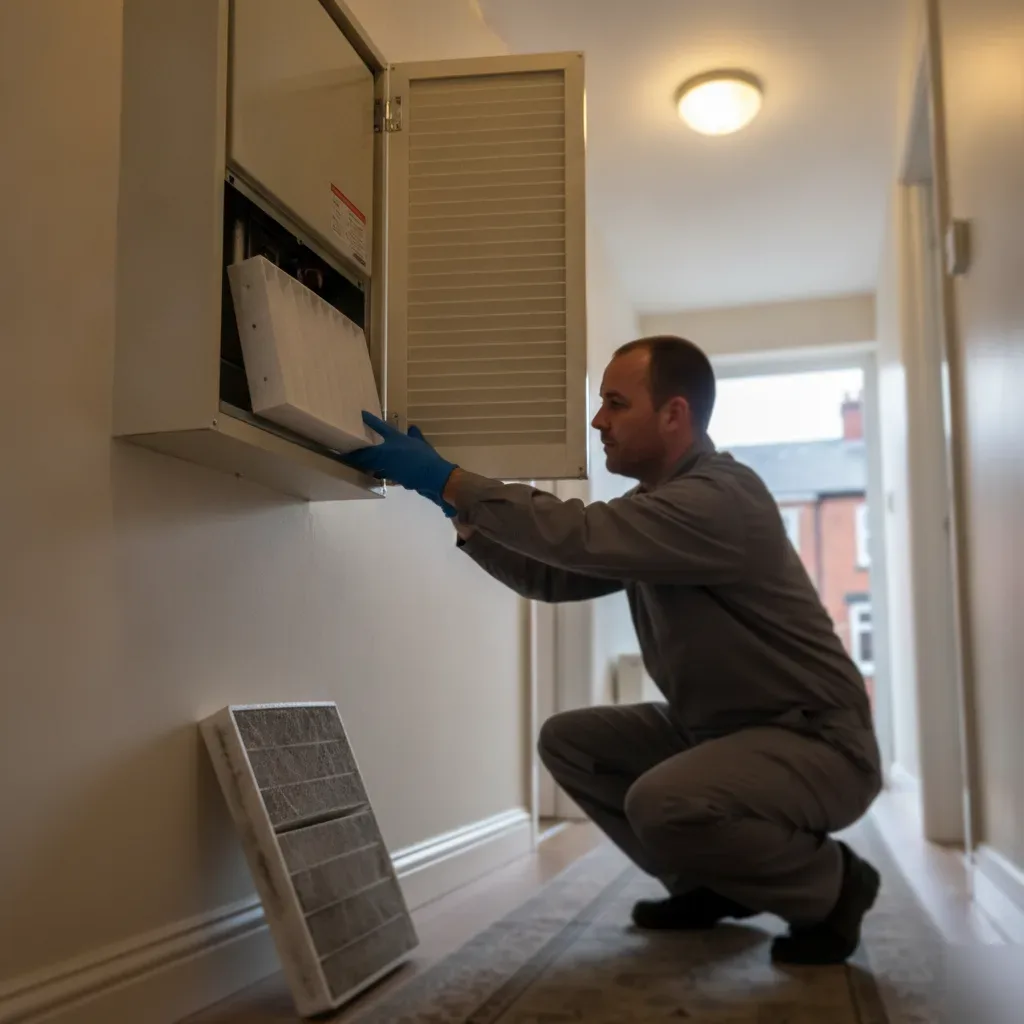 Technician replacing A/C filter in Wath upon Dearne home hallway air handler