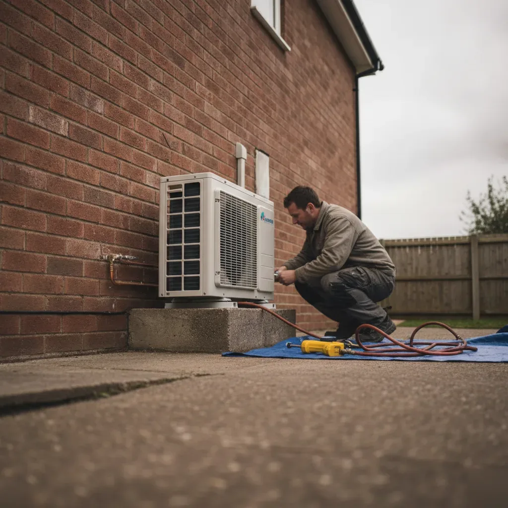 HVAC installer fitting outdoor A/C unit at Wath upon Dearne brick home