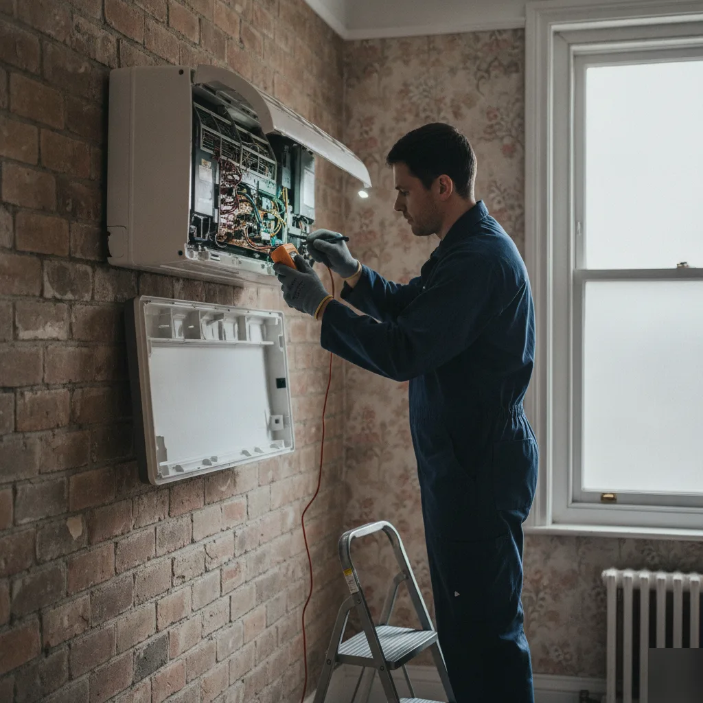 Technician diagnosing a wall split system air conditioner during A/C servicing in Wath upon Dearne