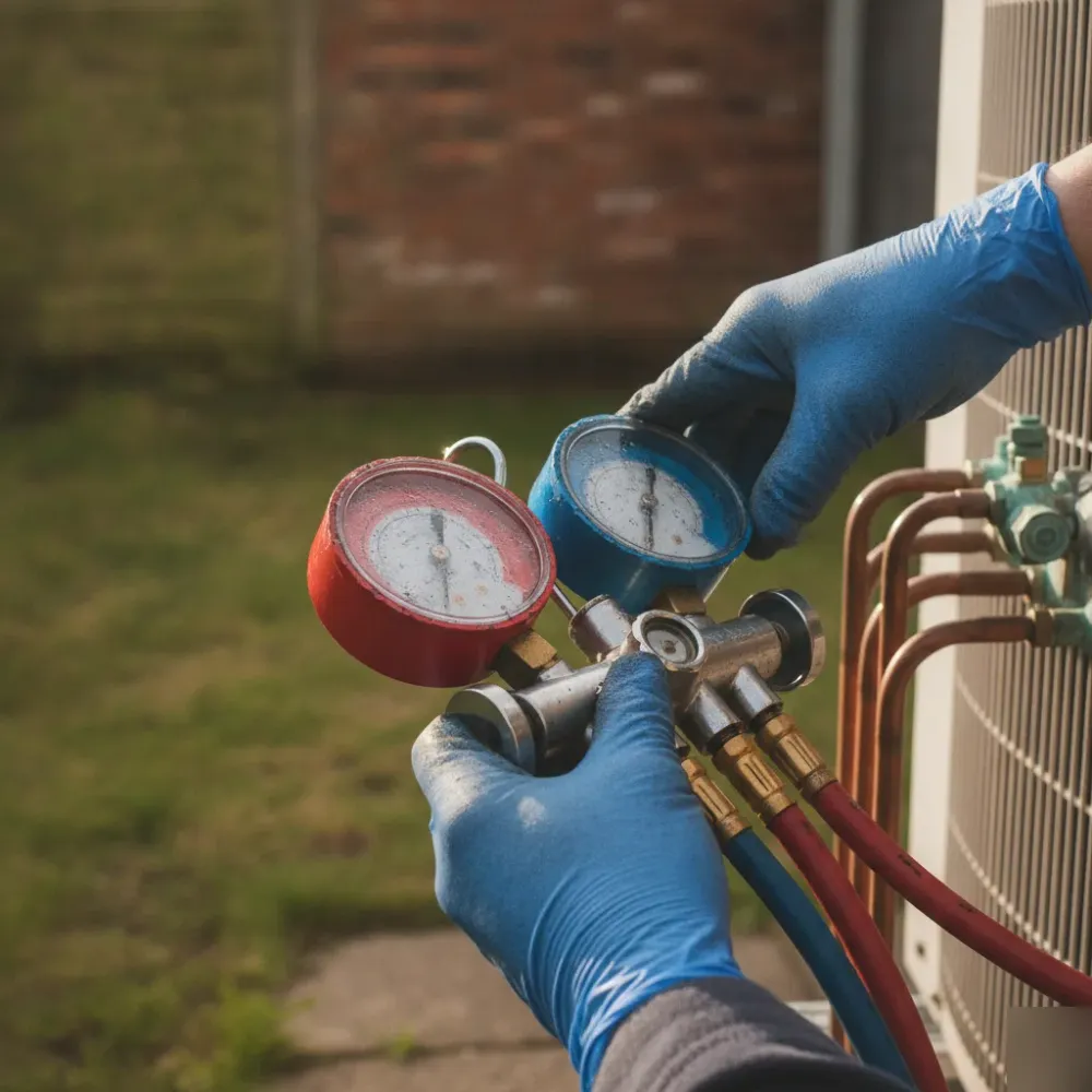 Gauge set measuring refrigerant pressure on outdoor A/C unit in Wath upon Dearne